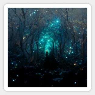 Black hooded witch in a forest with magical blue stars in the sky Sticker